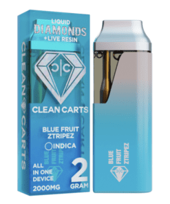 A premium Clean Carts Blue Fruit Ztripez vape cartridge offering a bold and tangy mix of blue raspberry and fruity candy flavors for a smooth and flavorful vaping experience.
