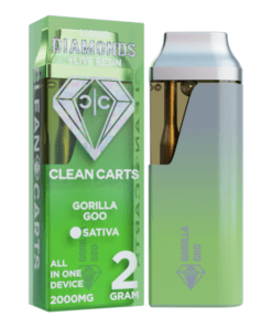 A premium Clean Carts Gorilla Goo vape cartridge offering a bold, earthy flavor with hints of chocolate and coffee for a smooth and relaxing vaping experience.