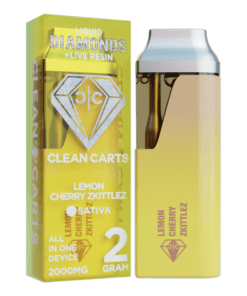 A premium Clean Carts Lemon Cherry Zkittlez vape cartridge offering a zesty lemon and sweet cherry flavor with a fruity candy twist for a smooth and flavorful vaping experience.