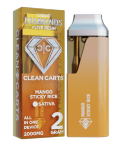 A premium Clean Carts Mango Sticky Rice vape cartridge offering a tropical mango flavor paired with creamy, sweet rice notes for a smooth and exotic vaping experience.