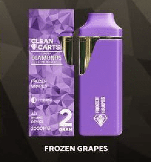 A premium Clean Carts Frozen Grapes vape cartridge featuring a refreshing blend of sweet, juicy grape flavors with an icy, cool finish for a smooth and invigorating vaping experience.