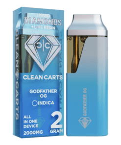 A premium Clean Carts Godfather OG vape cartridge featuring a rich, earthy flavor profile with hints of pine and grape for a smooth and relaxing vaping experience.
