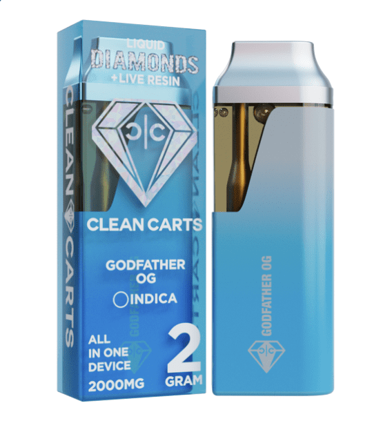 A premium Clean Carts Godfather OG vape cartridge featuring a rich, earthy flavor profile with hints of pine and grape for a smooth and relaxing vaping experience.
